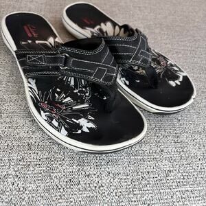 Clarks Sandals Womens 9 M Breeze Sea Flip Flops Black Slip On Toe Post Open Toe